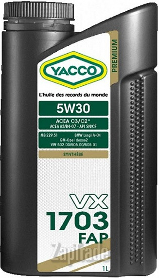 Купить моторное масло Yacco VX 1703 FAP Синтетическое | Артикул 301725